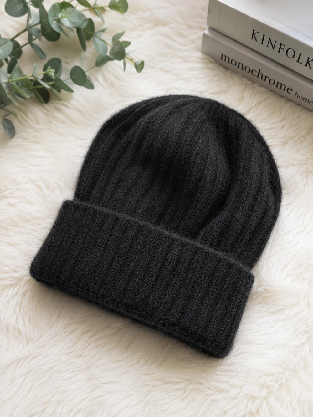 Portolano 100% Cashmere Black Slouchy Ribbed Beanie Hat One Size Luxury Winter